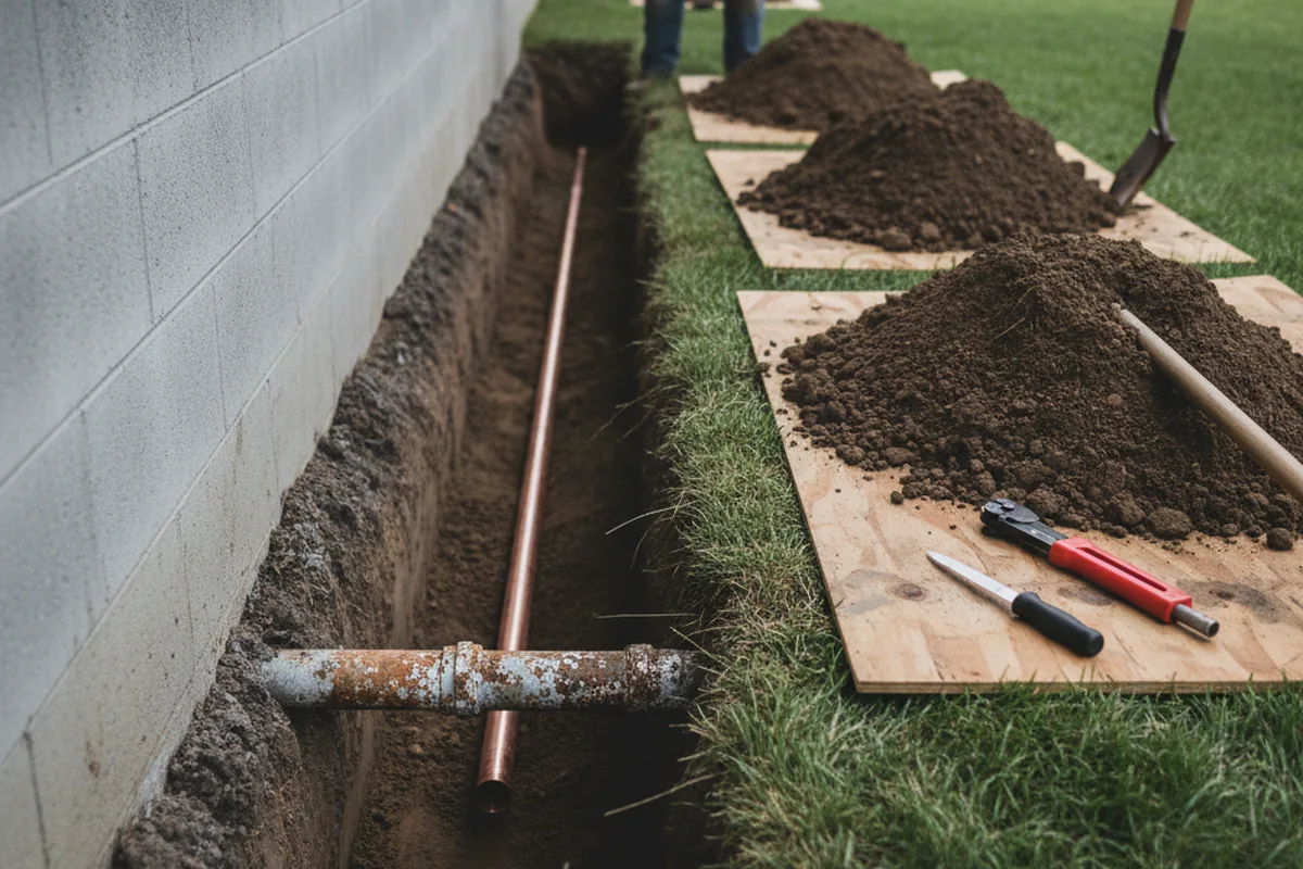 Excavated water line trench during Water Heater Repair in Omega